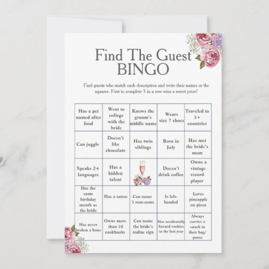 Floral Find the Guest Bridal Shower Bingo game Kaart (Voorkant)