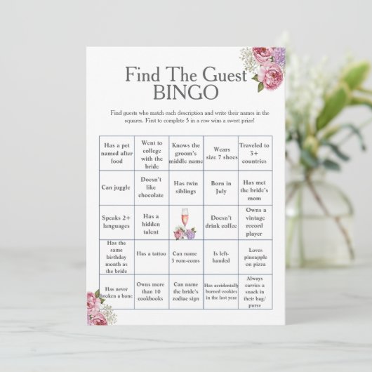 Floral Find the Guest Bridal Shower Bingo game Kaart (Staand voorkant)