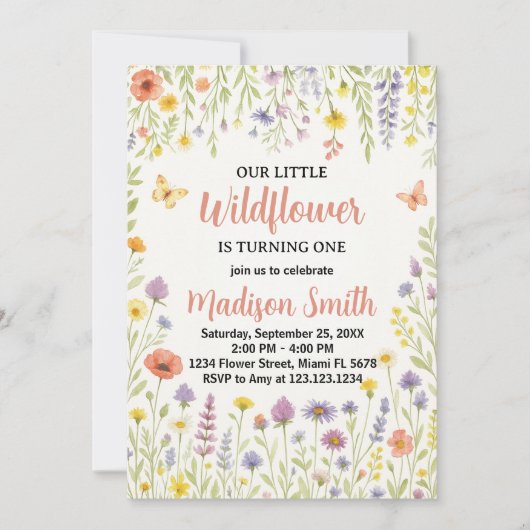 Floral First Birthday Invitation Kaart (Voorkant)