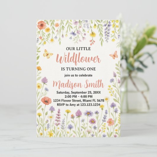 Floral First Birthday Invitation Kaart (Staand voorkant)