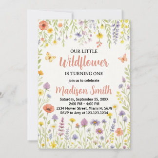 Floral First Birthday Invitation Kaart