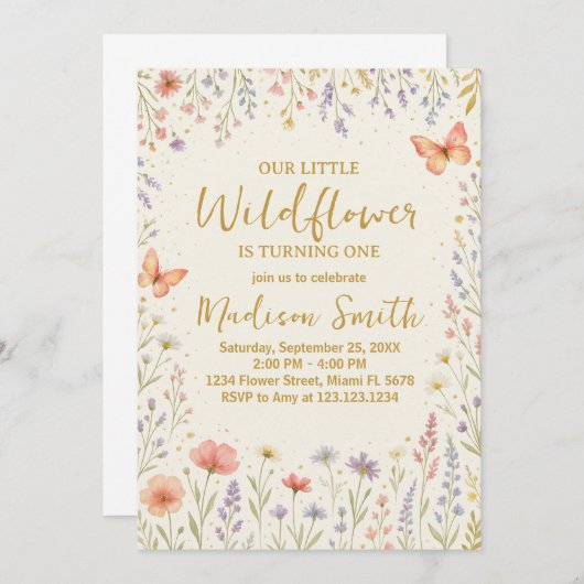 Floral First Birthday Invitation Kaart (Voorkant / Achterkant)