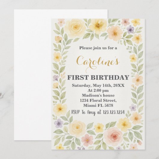 Floral First Birthday Invitation Kaart (Voorkant / Achterkant)