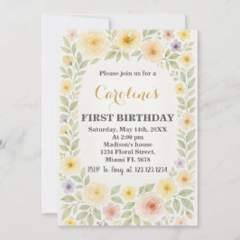 Floral First Birthday Invitation Kaart