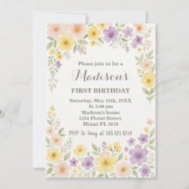Floral First Birthday Invitation Kaart