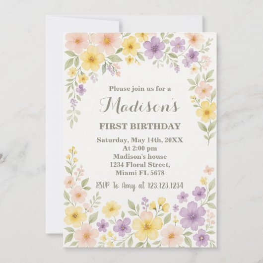 Floral First Birthday Invitation Kaart (Voorkant)