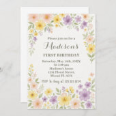 Floral First Birthday Invitation Kaart (Voorkant / Achterkant)