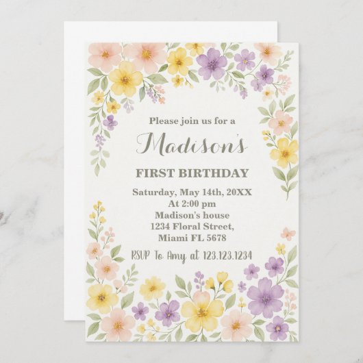 Floral First Birthday Invitation Kaart (Voorkant / Achterkant)