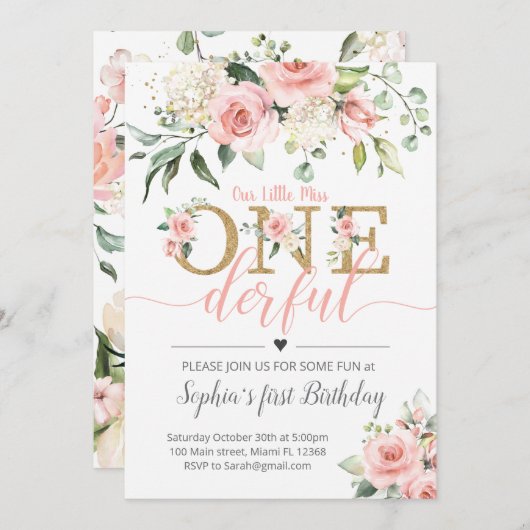 Floral First Birthday Invite-A188 Miss ONE-derful Kaart (Voorkant / Achterkant)
