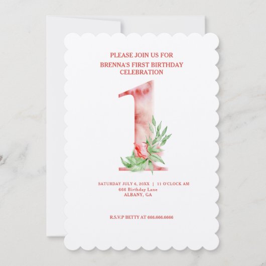 Floral First Birthday Invites - Aangepaste Waterve Kaart (Voorkant)