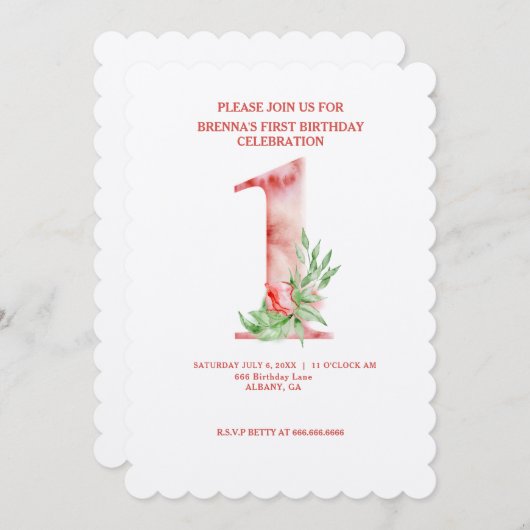 Floral First Birthday Invites - Aangepaste Waterve Kaart (Voorkant / Achterkant)