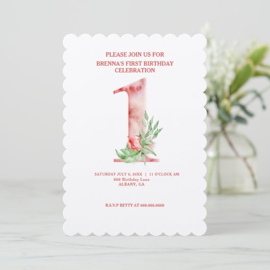 Floral First Birthday Invites - Aangepaste Waterve Kaart (Staand voorkant)