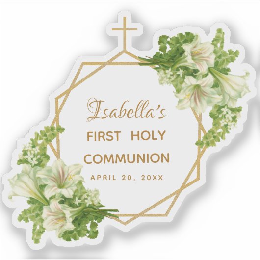 Floral First Communion Gold White Lilies Geometric Sticker (Voorkant)