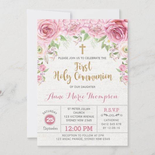 Floral First Heilige Communauté Pink & Gold Invite Kaart (Voorkant)