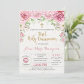 Floral First Heilige Communauté Pink & Gold Invite Kaart (Staand voorkant)