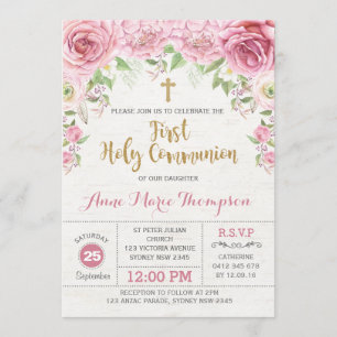 Floral First Heilige Communauté Pink & Gold Invite Kaart