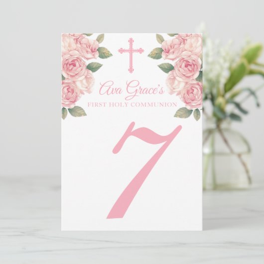 Floral First Heilige Communetabelnummer Kaarten (Staand voorkant)
