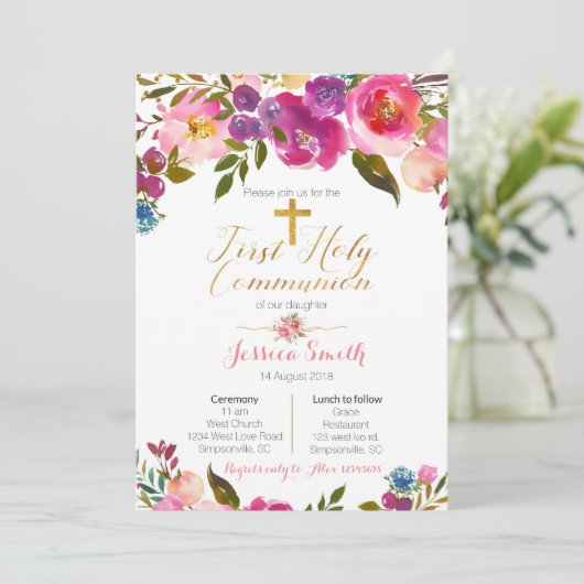 Floral First Heilige Communie nodigt Mexicaans uit Kaart (Staand voorkant)