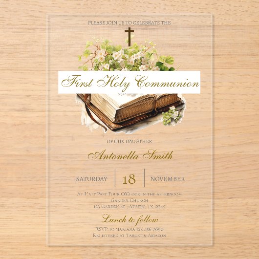 Floral First Holy Communion for girl Acryl Uitnodigingen (Voorkant)