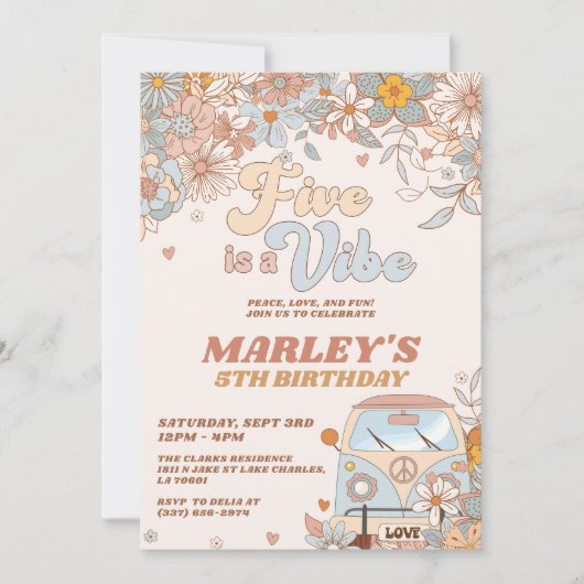 Floral Five is een Vibe Groovy Retro 5th Birthday Kaart (Voorkant)