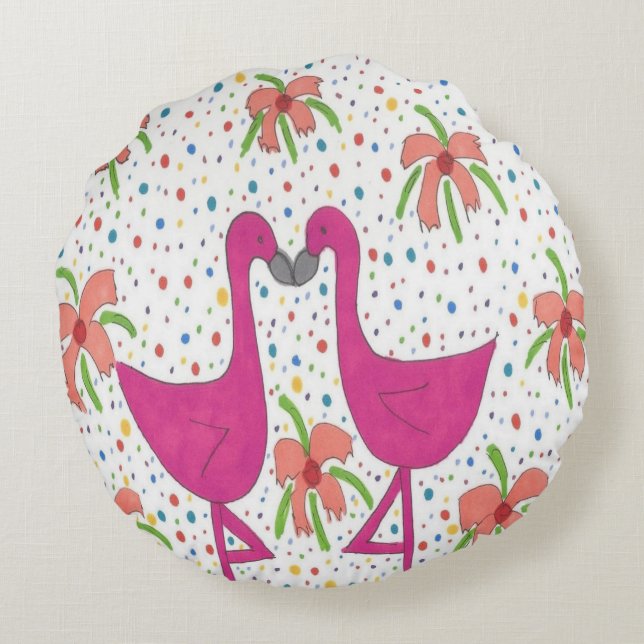 Floral Flamingo Fiesta Rond Kussen (Achterkant)