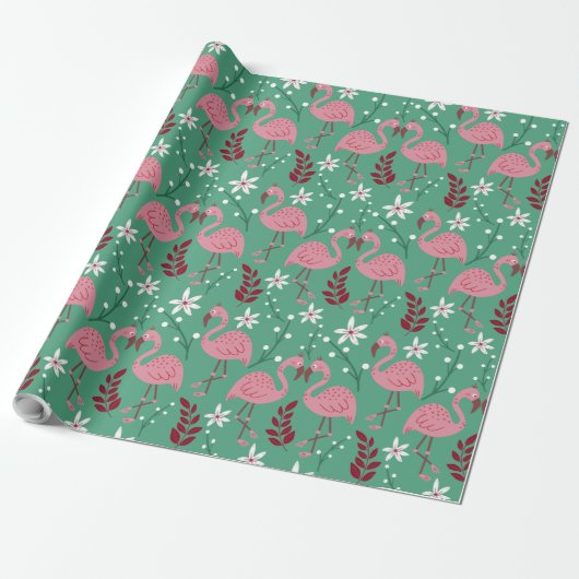 Floral flamingo naadloos roze groen patroon cadeaupapier (Uitgerold)