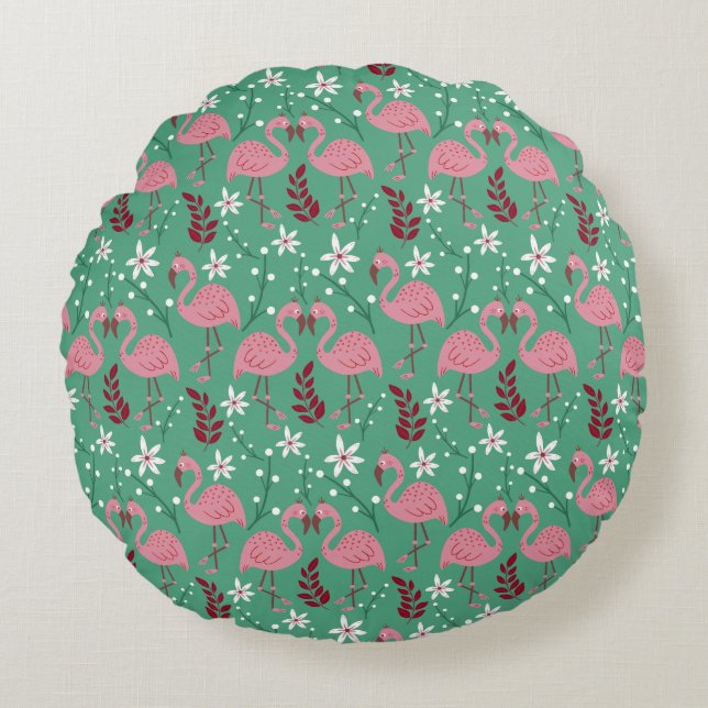 Floral flamingo naadloos roze groen patroon rond kussen (Voorkant)