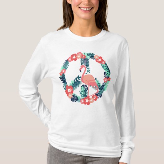 Floral Flamingo Peace Sign Cute Pink T-Shirt (Voorkant)