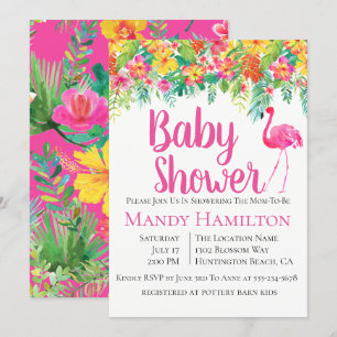 Floral Flamingo Tropical Baby shower Invitation Kaart
