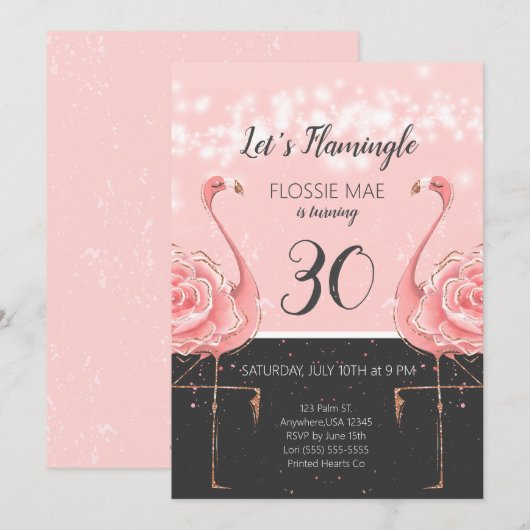 Floral Flamingo Verjaardagsuitnodiging | Roos Gold Kaart (Voorkant / Achterkant)