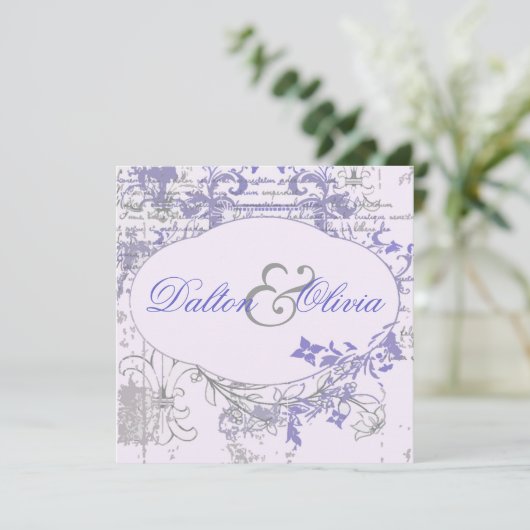  Floral Fleur De Lis Lavendar Wedding Kaart (Staand voorkant)