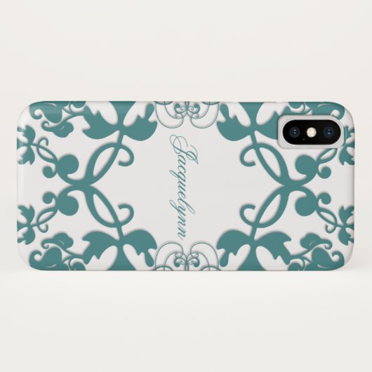 Floral Flourish Blauwgroen Peacock Custom Name Cas Case-Mate iPhone Case (Achterkant (horizontaal))