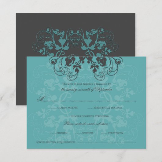 Floral Flourish Blauwgroen Peacock RSVP-kaart RSVP Kaartje (Voorkant / Achterkant)