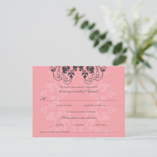 Floral Flourish Charcoal Pink RSVP-kaart RSVP Kaartje (Staand voorkant)