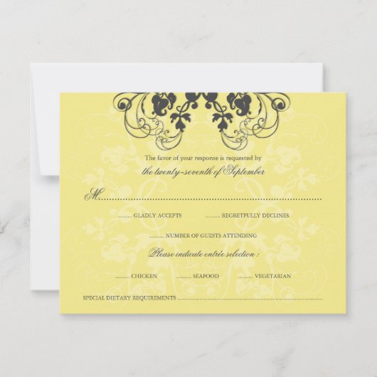 Floral Flourish Charcoal Yellow RSVP-kaart RSVP Kaartje (Voorkant)