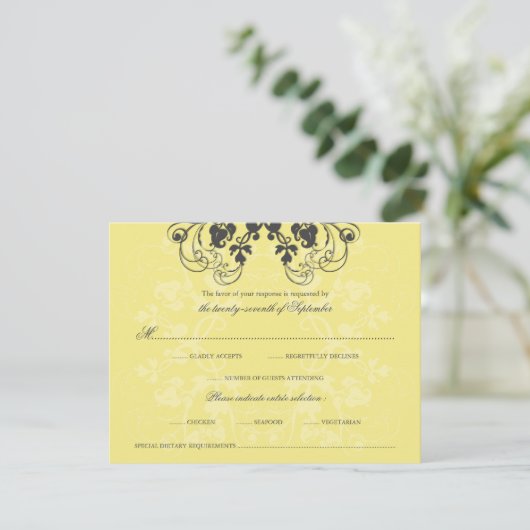 Floral Flourish Charcoal Yellow RSVP-kaart RSVP Kaartje (Staand voorkant)