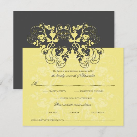  Floral Flourish Charcoal Yellow RSVP-kaart RSVP Kaartje (Voorkant / Achterkant)