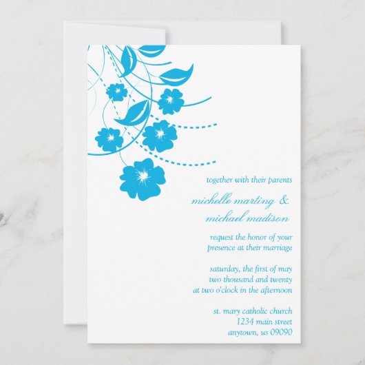 Floral Flourish Wedding Invitation (blauw / wit) Kaart (Voorkant)