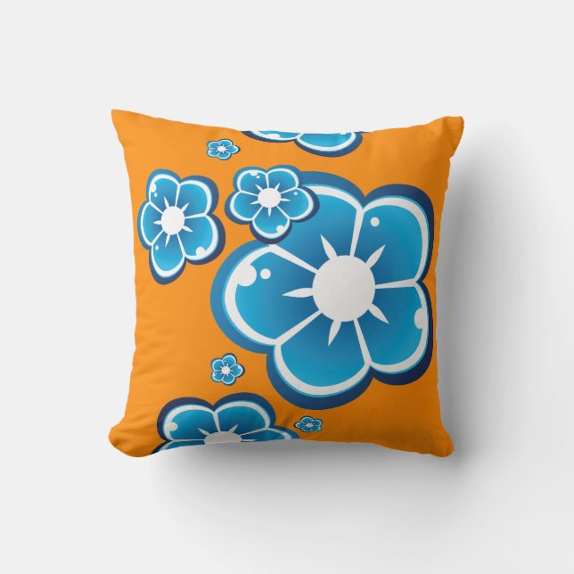 Floral Flower Blue Oranje Pattern Kussen (Voorkant)