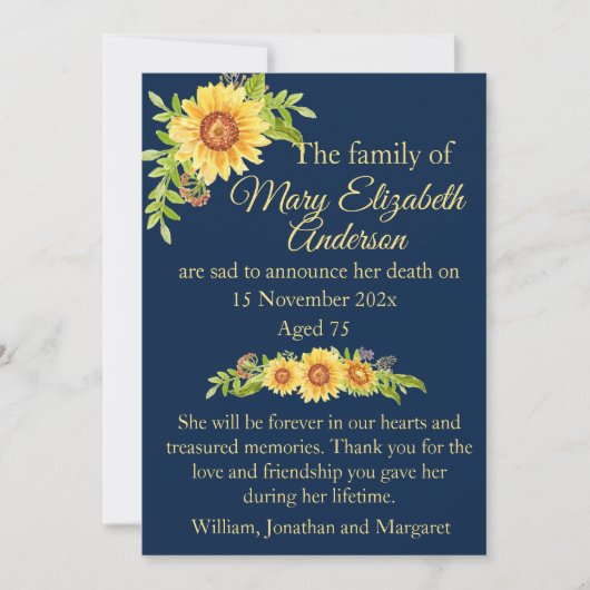 Floral Flower Death and Funeral Announcement Blue  Aankondiging (Voorkant)
