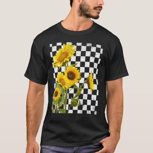 Floral Flower Enthusiast Checkerboard Chess Sunflo T-shirt (Voorkant)