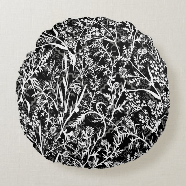 Floral Flower Grayscale Rond Kussen (Voorkant)