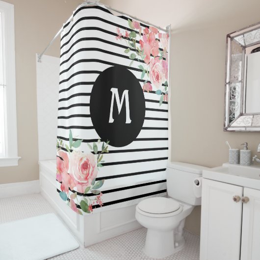 Floral Flowers Black and White Douchegordijn (In situ)