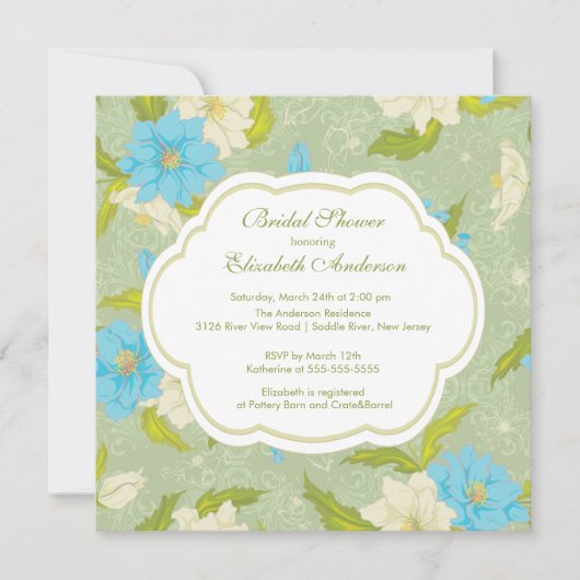 Floral Flowers Bridal Shower Invitation Blue Kaart (Voorkant)