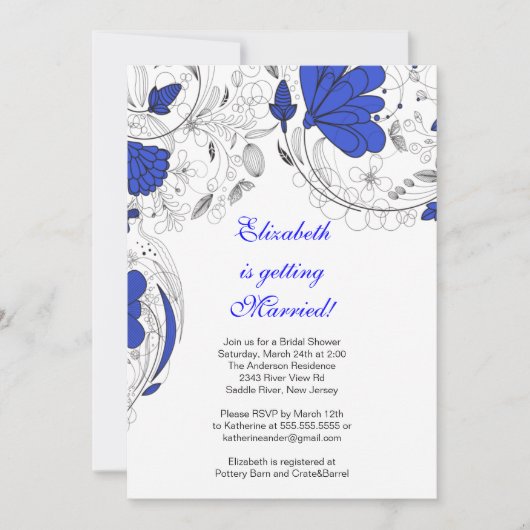 Floral Flowers Bridal Shower Invitation BLUE Kaart (Voorkant)