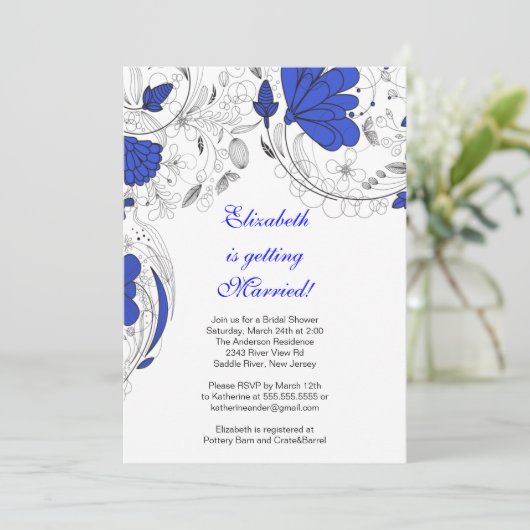 Floral Flowers Bridal Shower Invitation BLUE Kaart (Staand voorkant)