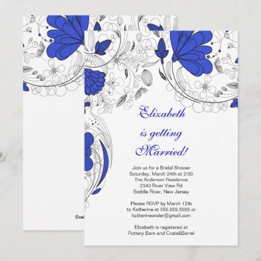 Floral Flowers Bridal Shower Invitation BLUE Kaart (Voorkant / Achterkant)