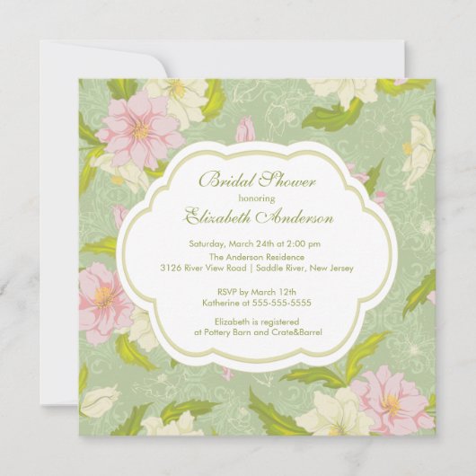 Floral Flowers Bridal Shower Invitation Roze Kaart (Voorkant)