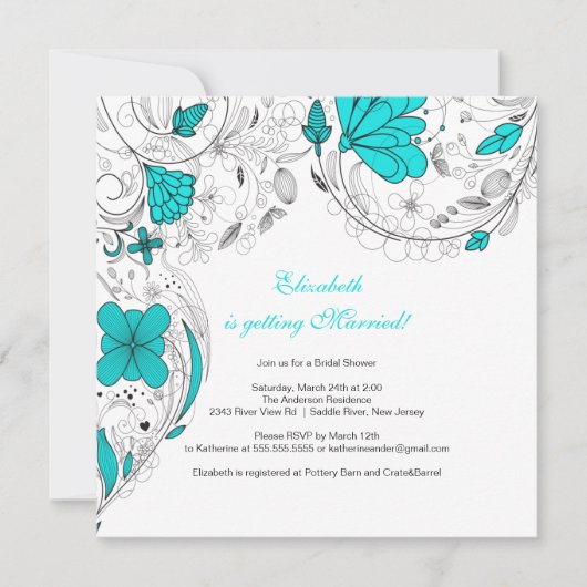 Floral Flowers Bridal Shower Invitation Turquoise Kaart (Voorkant)