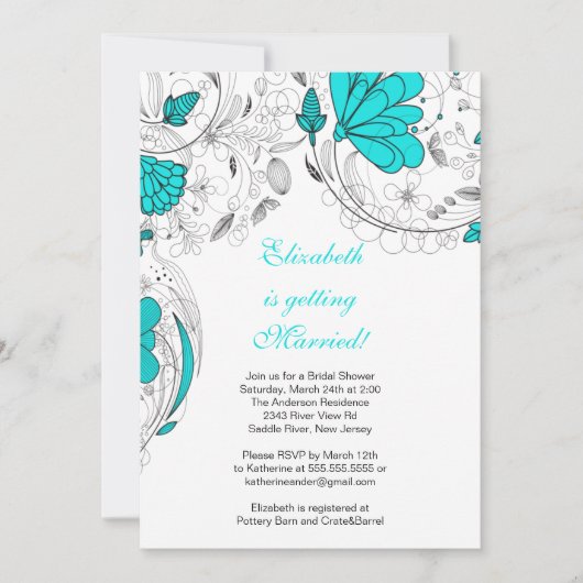 Floral Flowers Bridal Shower Invitation Turquoise Kaart (Voorkant)